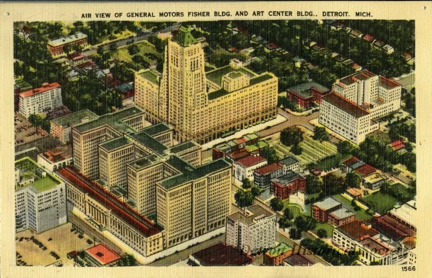 Postcard - Air View of General Motors Fisher Bldg. and Art Center Bldg., Detroit Mich.