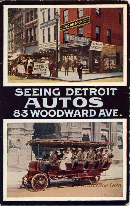 Postcard - Seeing Detroit Autos, 83 Woodward Ave.