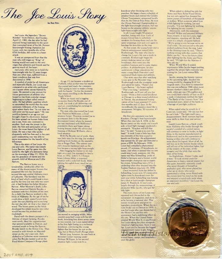 Brochure - Joe Louis Congressional Gold Medal
[bronze reproduction]