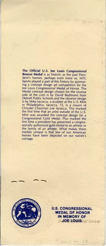 Brochure - Joe Louis Congressional Gold Medal
[bronze reproduction]
