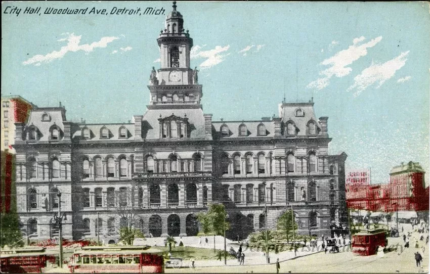 Postcard - City Hall, Woodward Ave, Detroit, Mich