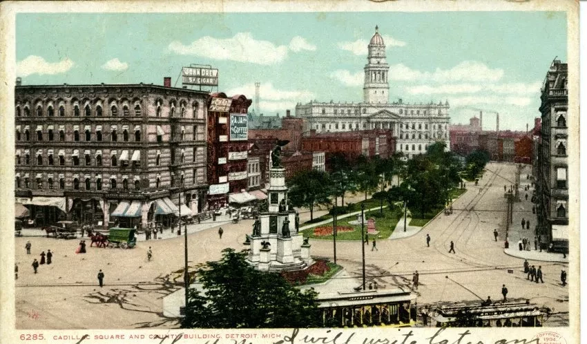 Postcard - Cadillac Square and County Building, Detroit Mich.
