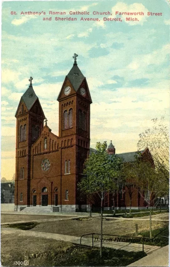 Postcard - St. Anthony's Roman Catholic Church, Farnsworth Street and Sheridan Avenue, Detroit, Mich. - St. Anthony's Roman Catholic Church