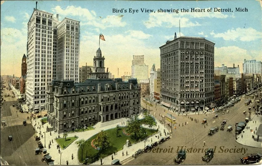 Postcard - Bird's Eye View, showing the Heart of Detroit, Mich