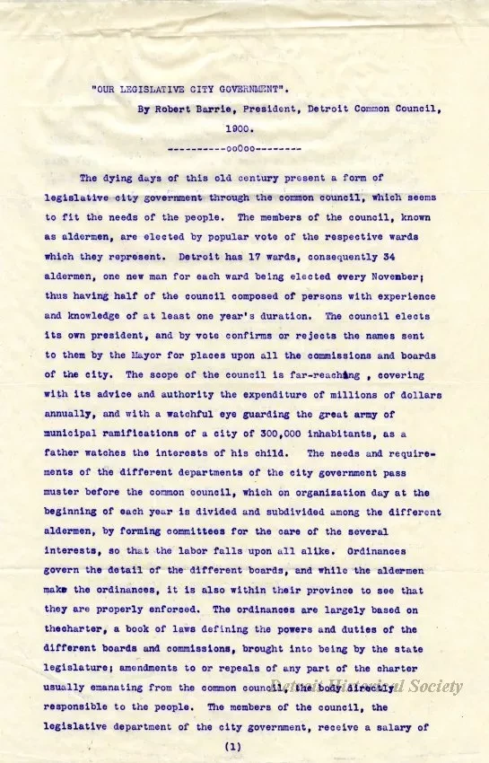 Letter - Our Legislative City Government
[Detroit Common Council]