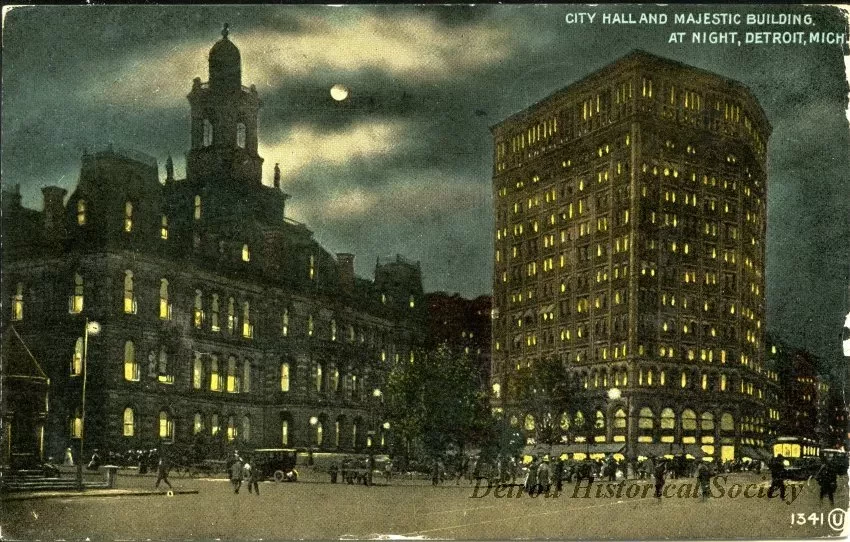 Postcard - City Hall and Majestic Building, At Night, Detroit, Mich.