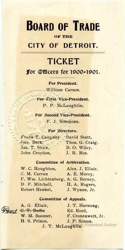 Handbill, Political - Board of Trade of the City of Detroit
Ticket for Officers, 1900-1901