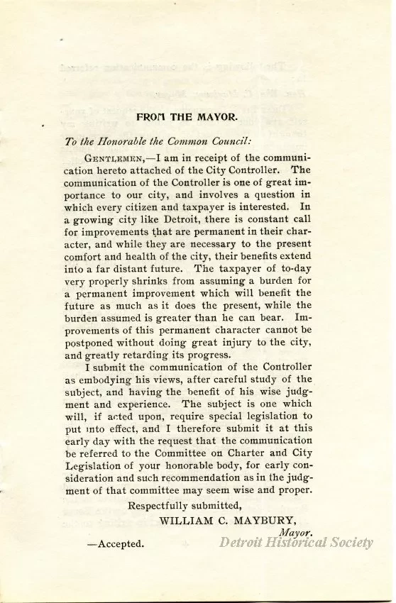 Booklet - Communication of Hon. Wm. C. Maybury on Controller F. A. Blades' Plan for Making Permanent Improvements in the City of Detroit by the Issue of Thhirty Year Four Per Cent Bonds.