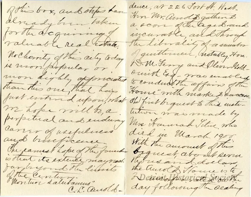 Letter - The Arnold Home for the Aged and Hospital for Incurables