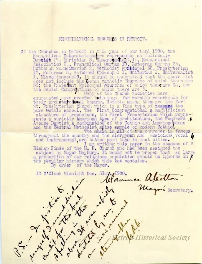 Letter - Denominational Churches in Detroit