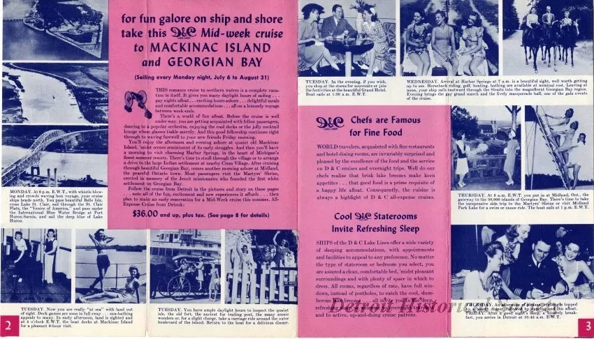 Booklet - D&C Lake Lines Low Cost All-Expense Romance Cruises to Mackinac Island, Harbor Springs, Georgian Bay, visit Buffalo and Niagara Falls.