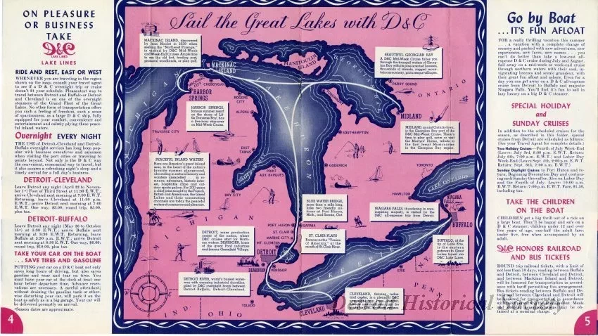 Booklet - D&C Lake Lines Low Cost All-Expense Romance Cruises to Mackinac Island, Harbor Springs, Georgian Bay, visit Buffalo and Niagara Falls.