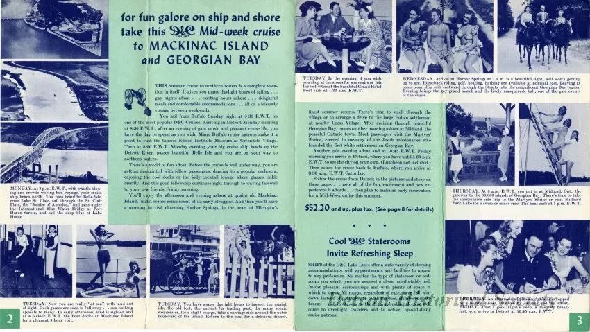 Booklet - D&C Lake Lines Low Cost All-Expense Romance Cruises to Mackinac Island, Harbor Springs, Georgian Bay