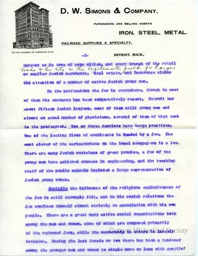 Letter - The Jewish People in Mercantile, Social, and Professional Life in Detroit
