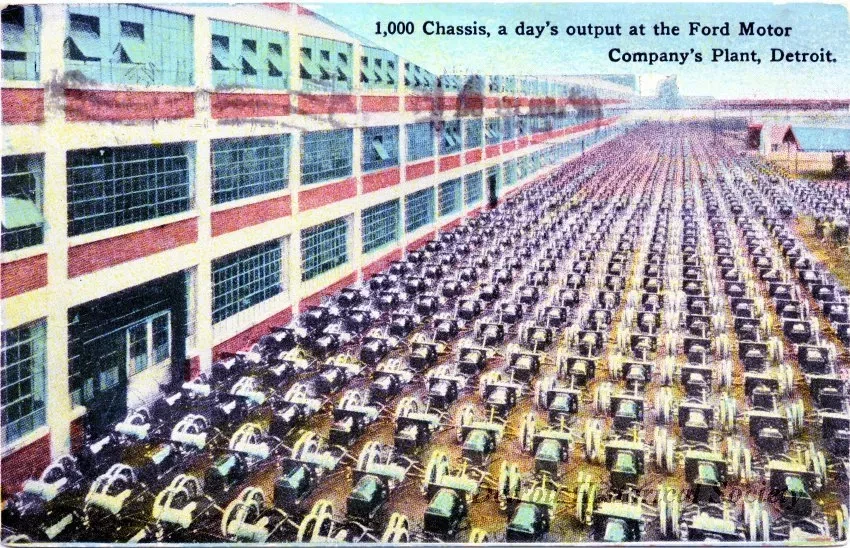 Postcard - 1,000 Chassis, a day's output at the Ford Motor Company's Plant, Detroit - 1,000 Chassis, a day's output at the Ford Motor Company
