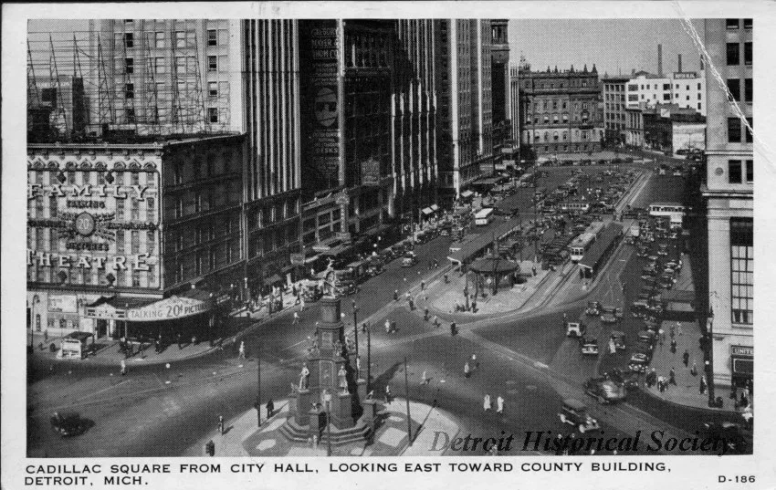Postcard - Cadillac Square from City Hall, Looking East Toward County Building.