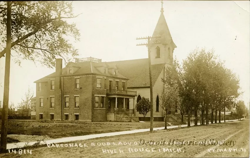 Postcard - Parsonage & Our Lady of the Lourdes Church, River Rouge, Mich.