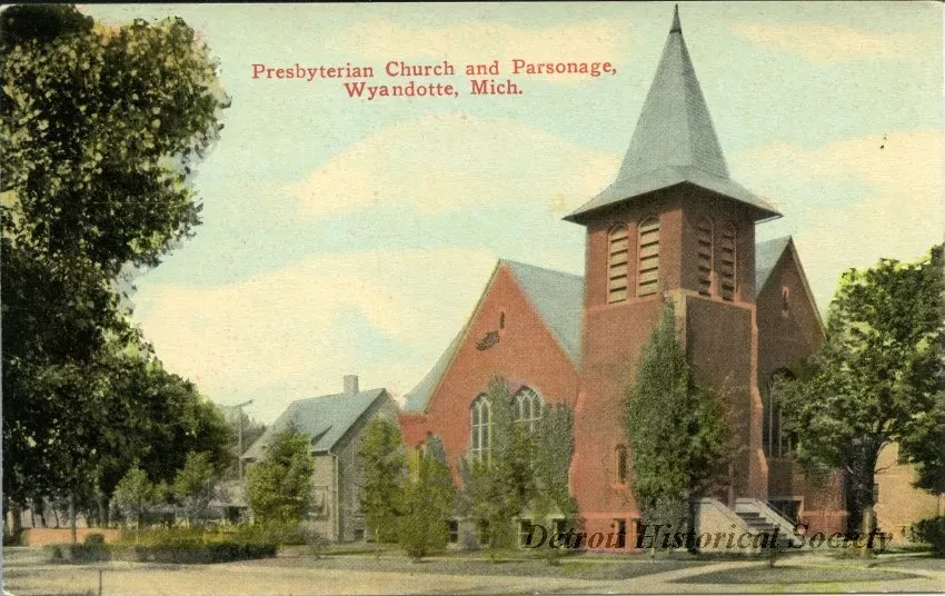 Postcard - Presbyterian Curch and Parsonage, Wyandotte, Mich.