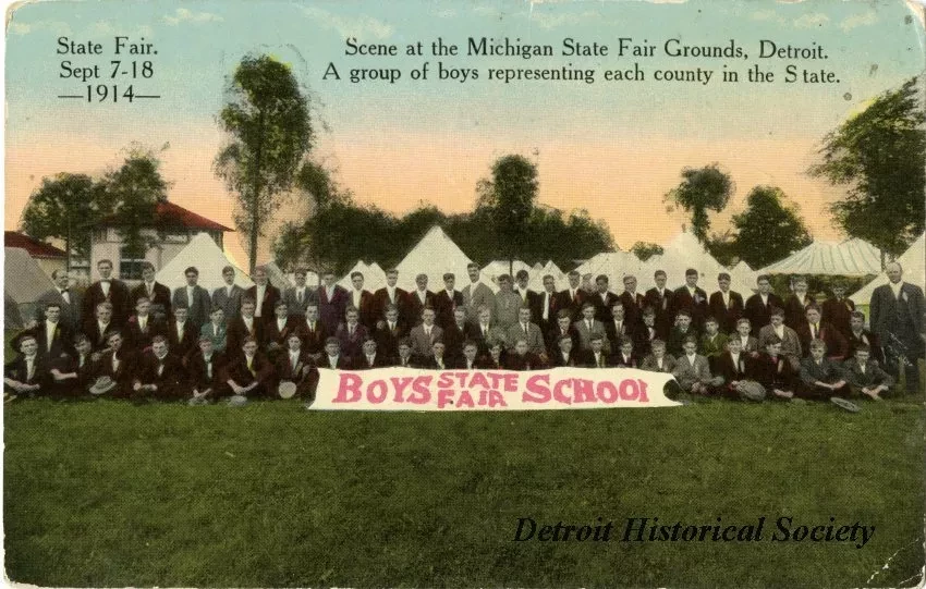 Postcard - Scene at the Michigan State Fair Grounds, Detroit. A group of boys representing each county in the State. State Fair. Sept 7-18 -1914-