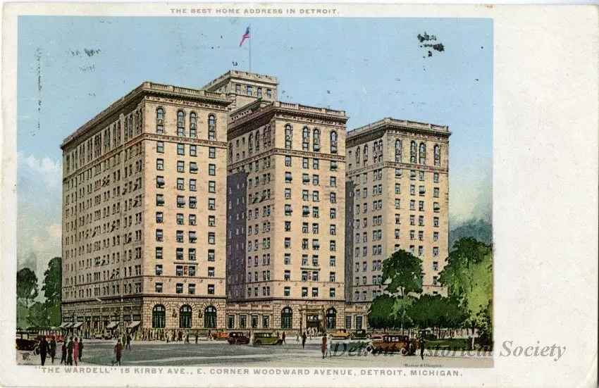 Postcard - "The Wardell" 15 Kirby Ave., E. Corner Woodward Avenue, Detroit, Michigan.