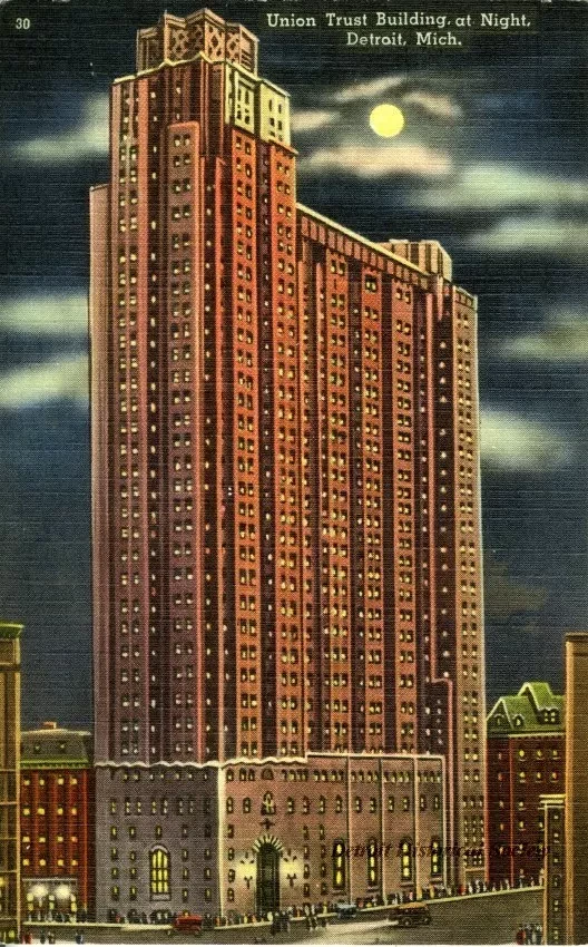 Postcard - Union Trust Building at Night, Detroit, Mich.