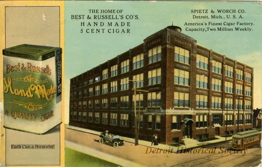 Postcard - Spietz & Worch Co. Detroit, Mich., U.S.A.
America's Finest Cigar Factory. Capacity Two Million Weekly.
