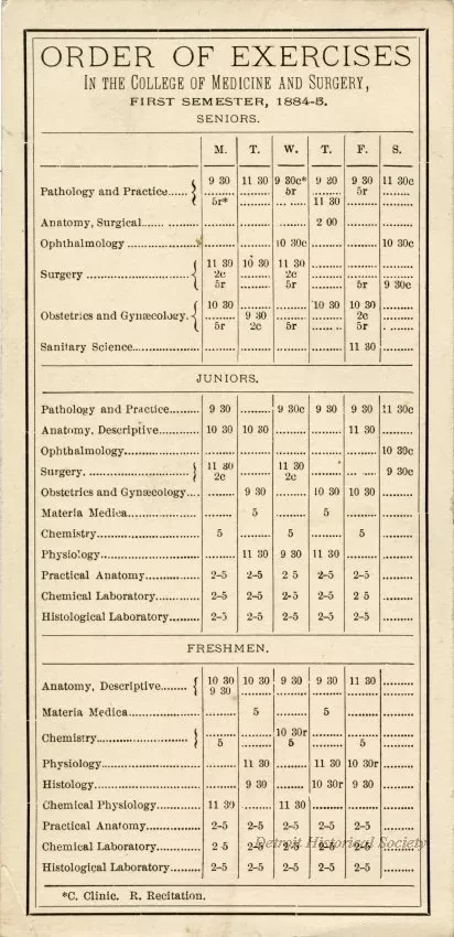 Calendar - Order of Exercises in the College of Medicine and Surgery, First Semester, 1884-5.