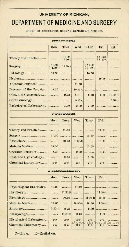 Calendar - University of Michigan Department of Medicine and Surgery Order of Exercises, Second Semester, 1888-89.