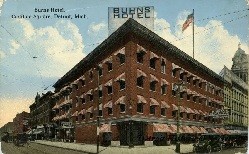 Postcard - Burns Hotel, Cadillac Square, Detroit, Mich.