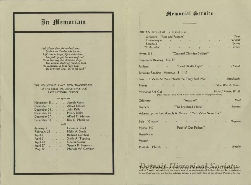 Program - Annual Church and Memorial Service Under the Auspices of the Friendship Lodge No. 417, F. & A.M.