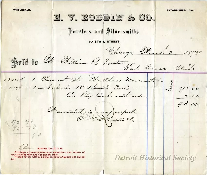 Receipt - E. V. Roddin & Co.
Jewelers and Silversmiths