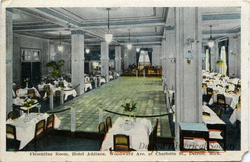 Postcard - Florentine Room, Hotel Addison, Woodward Ave. at Charlotte St., Detroit, Mich. - Florentine Room, Hotel Addison