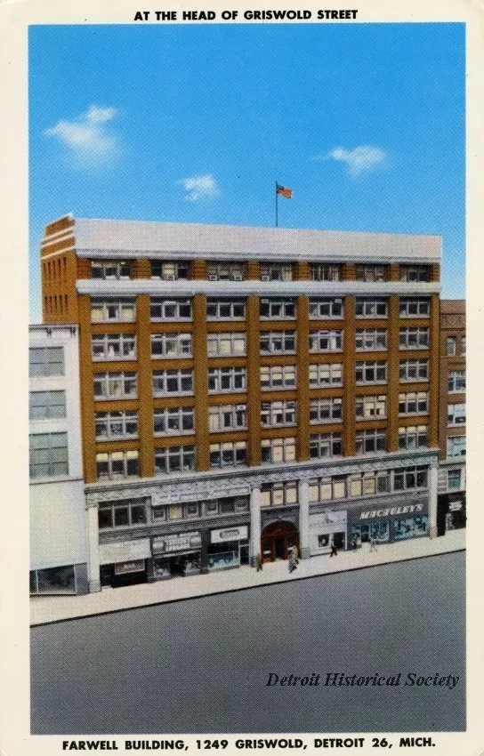 Postcard - Farwell Building, 1249 Griswold, Detroit 26, Mich.
At the Head of Griswold Street.
