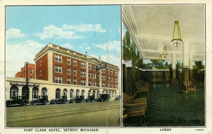 Postcard - Fort Clark Hotel, Detroit Michigan. Lobby.