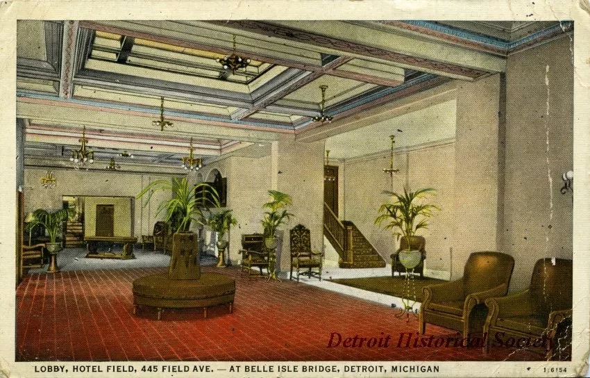 Postcard - Lobby, Hotel Field, 445 Field Ave. - At Belle Isle Bridge, Detroit, Michigan.
