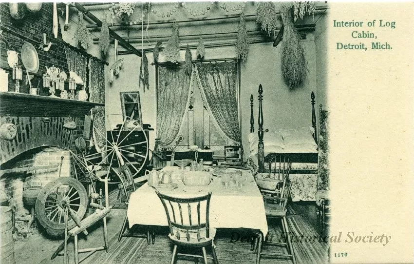 Postcard - Interior of Log Cabin, Detroit, Mich.