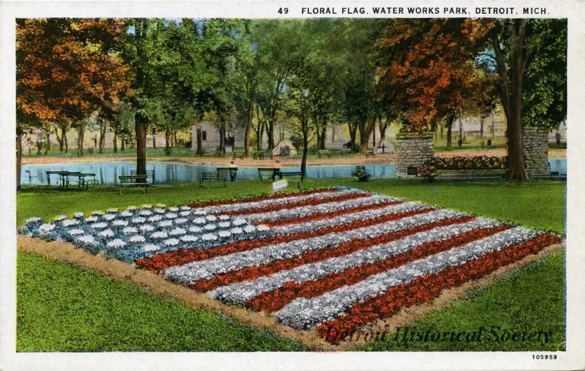 Postcard - Floral Flag, Water Works Park, Detroit, Mich.