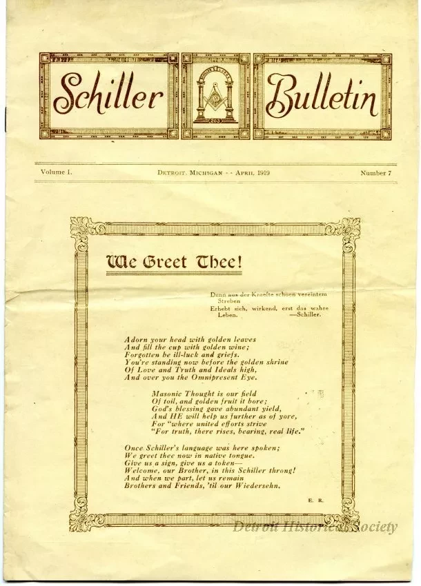 Newsletter - Schiller Bulletin, Volume I. Number 7, Detroit, Michigan, April 1919