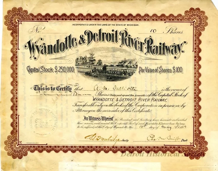 Certificate, Stock - Wyandotte & Detroit River