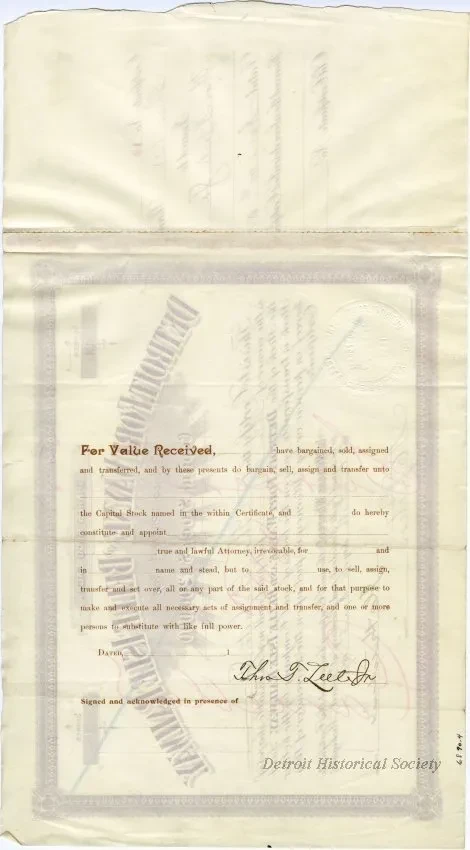 Certificate, Stock - Detroit, Fort Wayne, & Belle Isle Stock