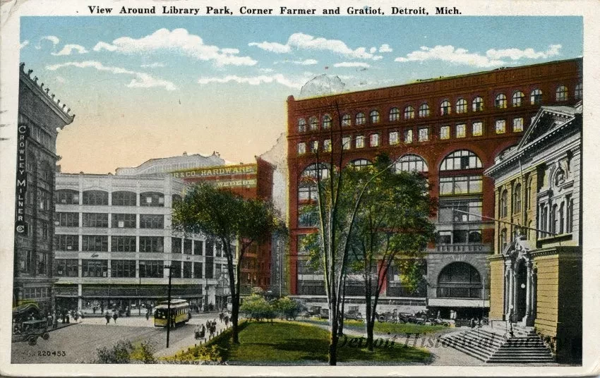Postcard - View Around Library Park, Corner Farmer and Gratiot, Detroit, Mich.