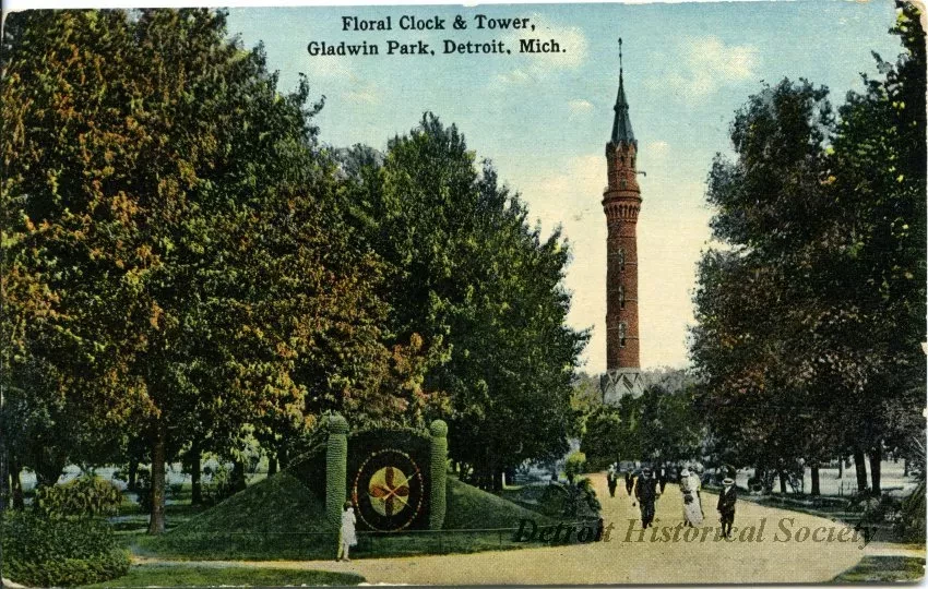 Postcard - Floral Clock & Tower, Gladwin Park, Detroit, Mich.