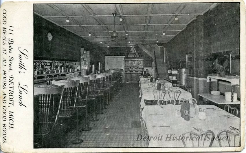 Postcard - Smith's Lunch, 111 Bates Street, Detroit, Mich.
Good Meals at All Hours and Good Rooms.