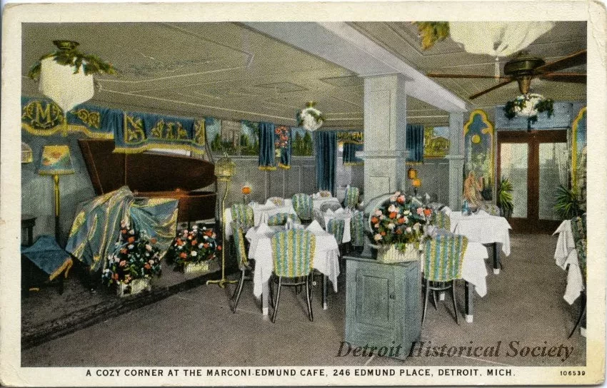 Postcard - A Cozy Corner at the Marconi-Edmund Cafe, 246 Edmund Place, Detroit, Mich.