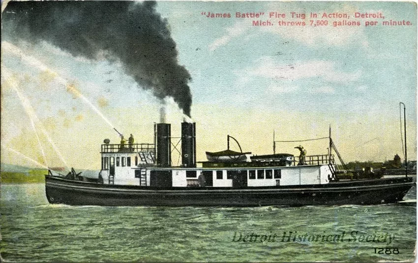 Postcard - "James Battle" Fire Tug in Action, Detroit, Mich. throws 7,500 gallons per minute.