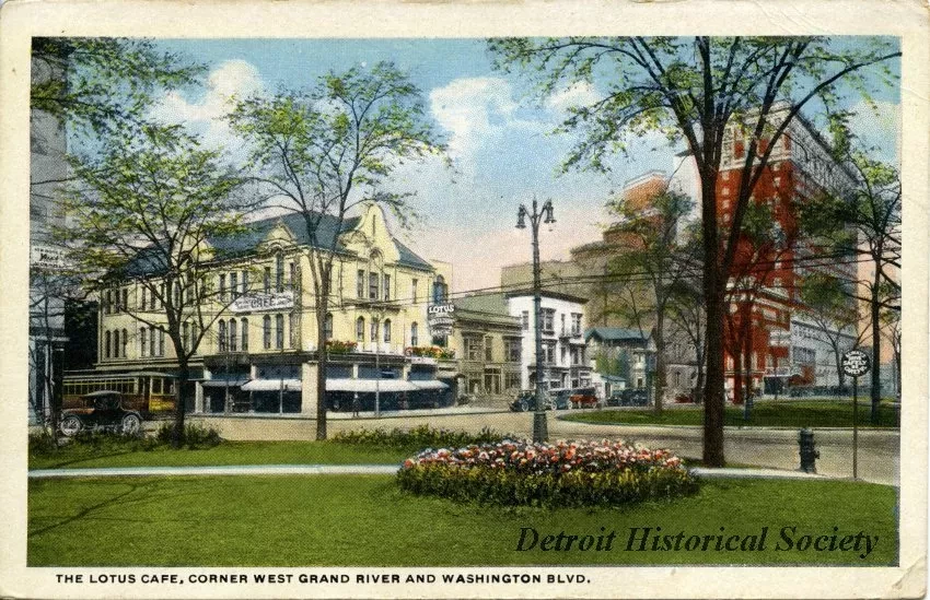 Postcard - The Lotus Cafe, Corner West Grand River and Washington Blvd.