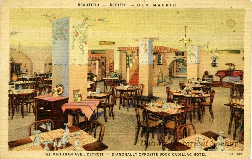 Postcard - Beautiful - Restful - Old Madrid
153 Michigan Ave., Detroit - Diagonally Opposite Book Cadillac Hotel