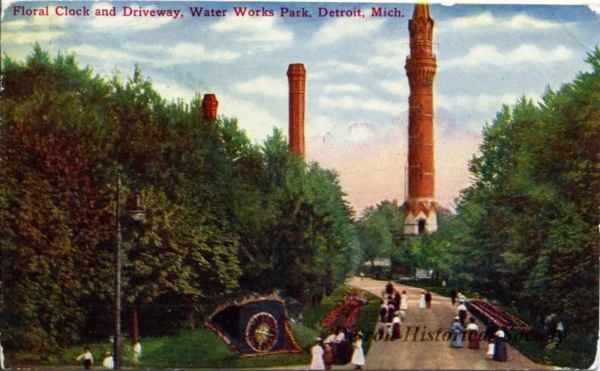 Postcard - Floral Clock Driveway, Water Works Park, Detroit, Mich.