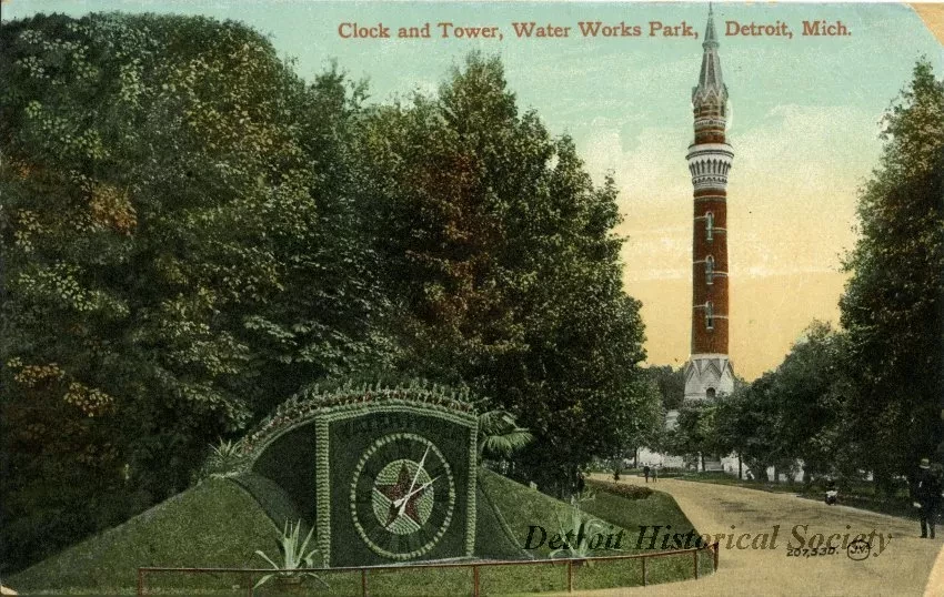 Postcard - Clock and Tower, Water Works Park, Detroit, Mich.