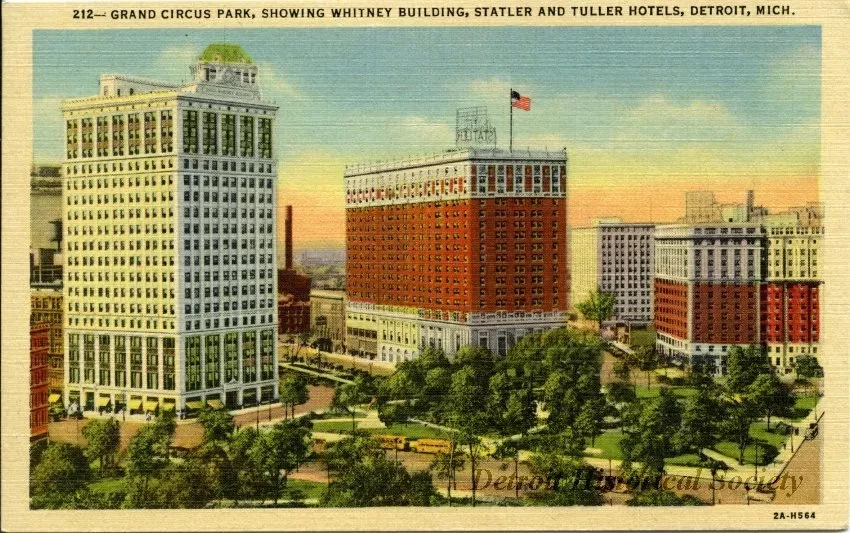 Postcard - Grand Circus Park, Showing Whitney Building, Statler and Tuller Hotels, Detroit, Mich.